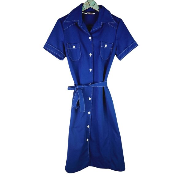 Vintage 1960's Contima Button-up Navy Blue Shift Collared Midi Dress, 16 - Picture 1 of 10